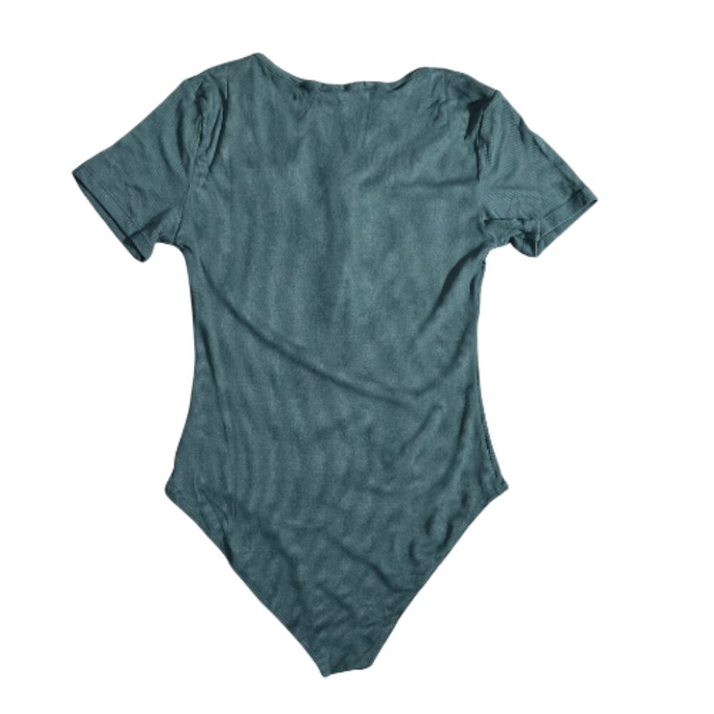 NWT MANGOPOP Green Ribbed Henley Bodysuit | Button Front | Short Sleeve | Small - Picture 2 of 5